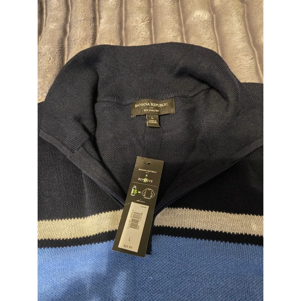 Banana Republic Mens Eco Sweater Navy Blue Striped Quarter Zip Pullover Large